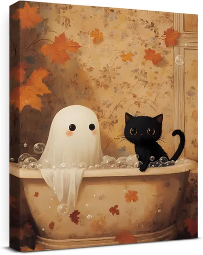 Miniatura 14 de QPVXSST Arte de Pared Interesante de Fantasma de Halloween para Baño, Póster Impreso en Lienzo de Estilo Gótico, Decoración de Baño con Diseño