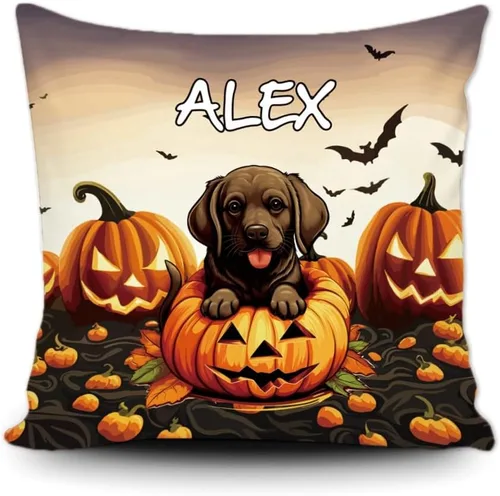 Miniatura 12 de Funda de almohada personalizada de Halloween, diseño de perro Golden Retriever, calabaza, cachorro inteligente, funda de cojín decorativa de lona 34