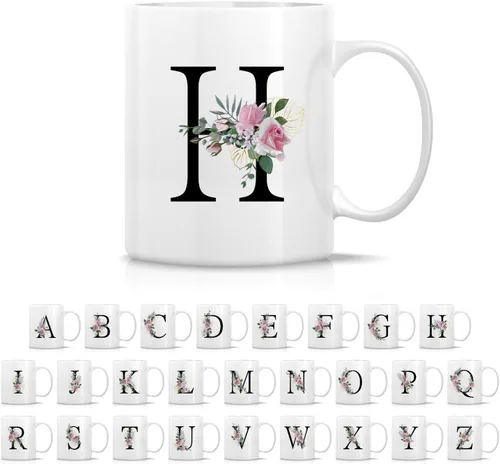 Miniatura 15 de Retreez Ramo botánico floral inicial A-Z con monograma, taza con monograma de cerámica de 11 onzas, regalo de agradecimiento de agradecimiento