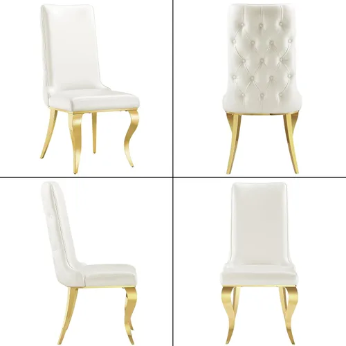 Miniatura 5 de AUZ Sillas de comedor blancas y doradas, sillas tapizadas de piel sintética blanca con respaldo copetudo y patas curvadas de acero inoxidable