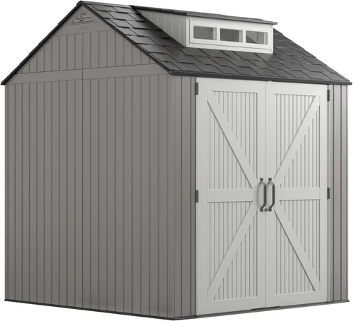 Miniatura 8 de Rubbermaid - Cobertizo grande vertical de resina para exteriores con piso (6.2 x 4.6 pies), resistente a la intemperie, beige/marrón, para organizar