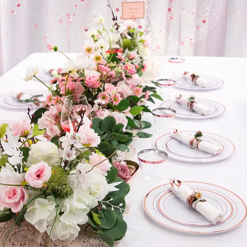 Miniatura 3 de WELLIFE - Vajilla de plástico en color oro rosa, 350 piezas, 50 platos desechables con cubiertos oro rosa, tazas de 10 onzas y 50 servilletas