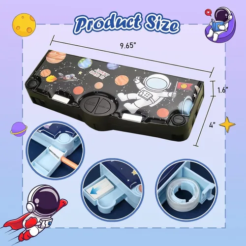 Miniatura 2 de Estuche multifunción para niños y niñas, bonita caja organizadora de lápices de dibujos animados con sacapuntas, tijeras y regla, regalos de Negro