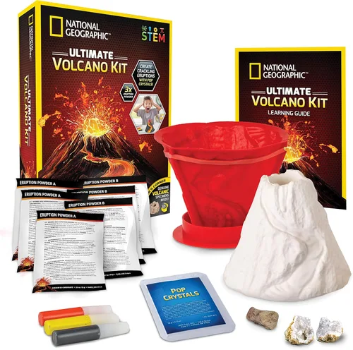 Kit de Volcán Ultimate de National Geographic – Kit de ciencia volcánica en erupción para niños, 3 veces más erupciones, cristales pop que crean