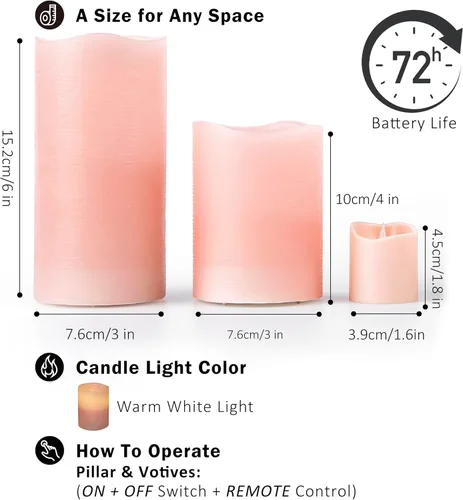 Miniatura 7 de FURORA LIGHTING Velas sin llama de cera real rosa con control remoto y temporizador, 4 pilares y 4 votivas, paquete de 8, velas LED parpadeantes