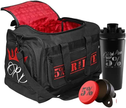 Rich Piana 5% Nutrition Sports Duffle & Gym Bag Signature "RP" Crown Bag (negro con 2 opciones de color), Maleta + coctelera de hielo + embudo