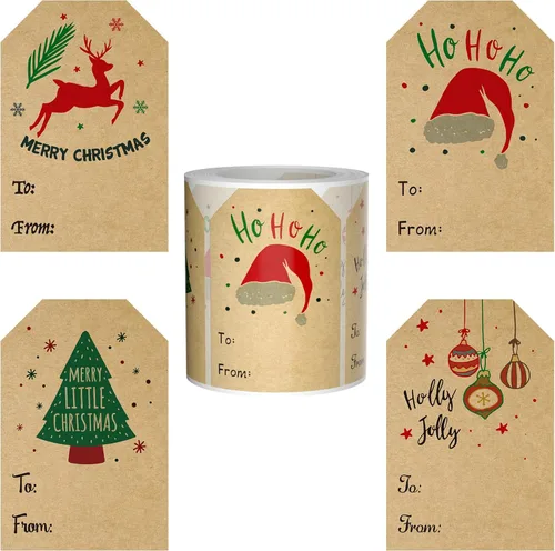 Etiquetas de papel kraft de Navidad - 2 * 3 pulgadas, 80 piezas por rollo, 4 diseños, etiquetas decorativas para regalos y presentes