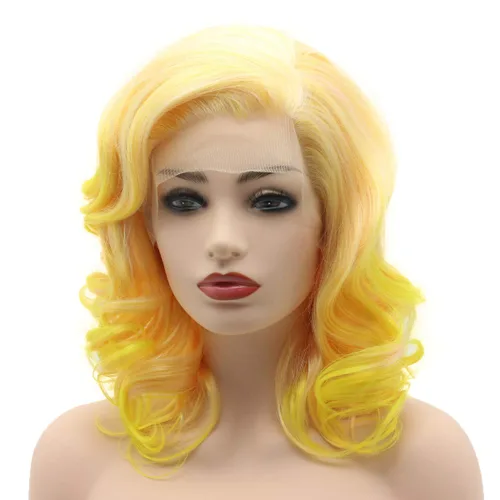 Miniatura 3 de Cabello ondulado longitud del hombro 16 pulgadas dos tonos raíz rosa dorado degradado densidad alta realista sintético encaje frente pelucas