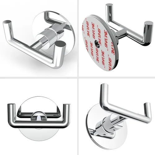 Miniatura 4 de Ruacq Gancho doble adhesivo para toallas, base redonda cromada, bata de baño, soporte para toallas de mano, acero inoxidable y aleación de zinc