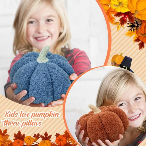 Miniatura 4 de Juexica 3 almohadas de calabaza de peluche esponjosas en 3D con forma de calabaza decoración de otoño, Acción de Gracias, Halloween, cojín de marrón