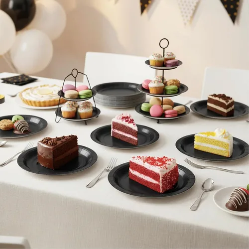Miniatura 5 de Platos de papel negro, platos de postre desechables de 7 pulgadas, 50 unidades para bodas, cumpleaños, picnic, graduación