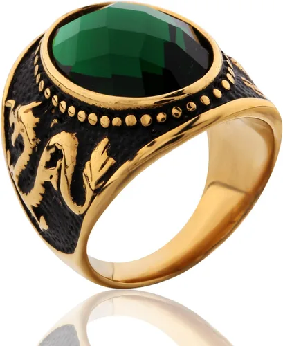 Anillo vintage de acero inoxidable con piedras preciosas antiguas de color esmeralda verde para hombres y mujeres
