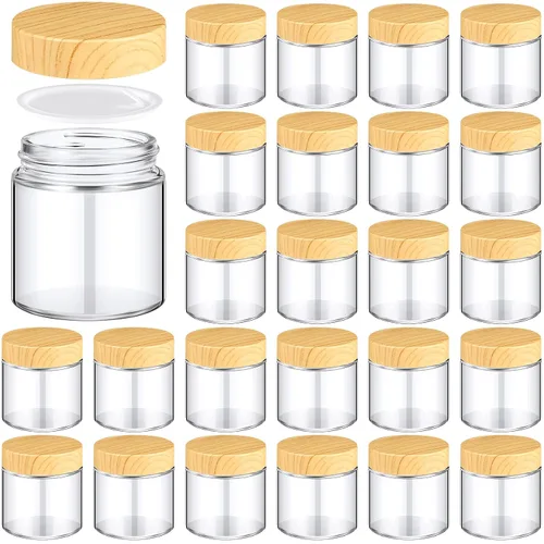 Miniatura 15 de Norme 120 tarros de vidrio de 4 onzas con tapas, recipientes de vidrio vacíos con tapas de grano de madera y revestimientos interiores