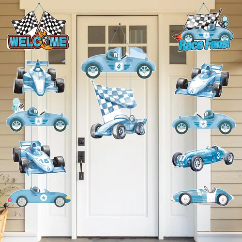 Letrero de porche de carreras de autos de carreras, decoración de cumpleaños de carreras, autos de carreras azules, pancartas recortadas para colgar