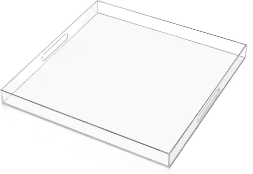 Bandeja otomana de acrílico transparente de gran tamaño de 18 x 18 pulgadas, bandeja decorativa extra grande a prueba de derrames con asas,