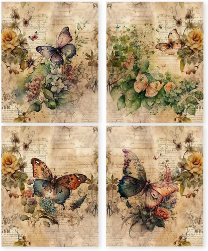 Miniatura 9 de HRQKO Juego de 4 pósteres de arte de pared de mariposa floral vintage, arte de pared floral, arte de pared retro, póster de impresión de mariposas