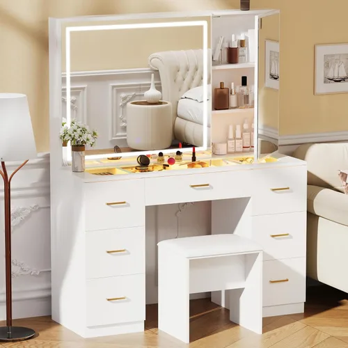 Miniatura 8 de Escritorio de tocador con espejo iluminado grande, tocador de maquillaje con parte superior de cristal, 7 cajones y brillo ajustable, mesa