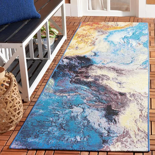 SAFAVIEH Barbados Collection - Alfombra de pasillo de 2 pies 8 pulgadas x 8 pies, azul y oro óxido, diseño abstracto moderno, para interiores y