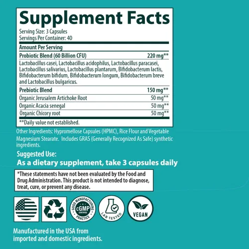 Miniatura 8 de Sanar Naturals Probióticos 60 mil millones de UFC 10 cepas con prebióticos para la salud digestiva intestinal e inmune Soporte GLP-1