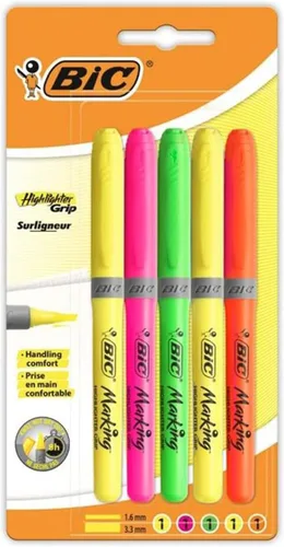 BiC Rotulador de agarre, rotuladores con punta de cincel, de larga duración, ideal para la escuela y la oficina, colores surtidos, 5 unidades