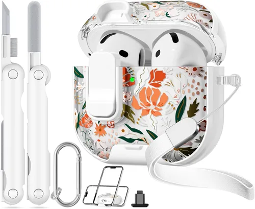 Miniatura 10 de con bloqueo de seguridad para funda de AirPods Pro 2ª 1ª generación, funda transparente floral linda para AirPods Pro 2 con soporte para teléfono