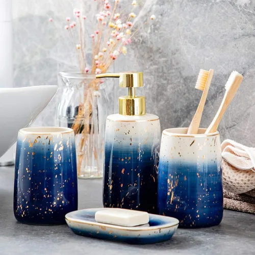 Juego de 4 accesorios de baño de cerámica, color azul degradado, 2 tazas de gárgaras, 1 jabonera, 1 dispensador de loción, ideal para el hogar,