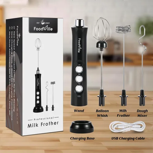 Miniatura 6 de FoodVille MF09 Espumador de leche recargable 3 en 1 Máquina de espuma de mano con soporte de carga y 3 batidores de acero inoxidable (negro sin caja)