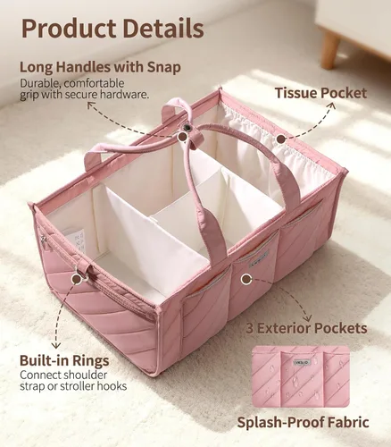 Miniatura 5 de Organizador de pañales extra grande – Cesta de almacenamiento grande para guardería con bolsillo con cremallera, correa para el hombro y ganchos