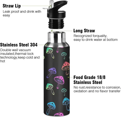Miniatura 3 de Insulated Water Bottle 20 Oz, Leakproof Water Bottles for Gym Outdoor Travel School, Vibrant Mushrooms Black