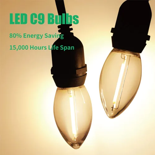 Miniatura 4 de Meconard Bombilla LED C9 de repuesto de Navidad, paquete de 25 bombillas LED C9 inastillables para luces de Navidad al aire libre, base intermedia