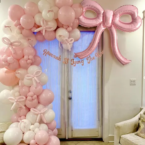 Miniatura 5 de 4 piezas de globos de moño rosa, decoración de fiesta de moño para mujeres, globos de cumpleaños rosa para mujeres, globo gigante de papel