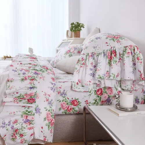 Queen's House Juego de Sábanas Florales de Rosas Románticas de 4 Piezas Ropa de Cama Vintage Shabby Chic Estilo Campestre Francés Sábanas con Rosa