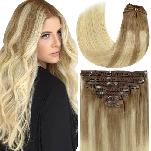 Miniatura 64 de Loxxy Extensiones de cabello humano con clip, sin costuras, 22 pulgadas, color marrón oscuro a castaño oscuro y marrón oscuro, 7 piezas