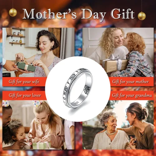 Miniatura 8 de 925 Sterling Silver Spinner Fidget Ring for Women: Musical Note Viking Rune Heartbeat Anxiety Stress Relieving Rotatable Ring Faith Hope Love