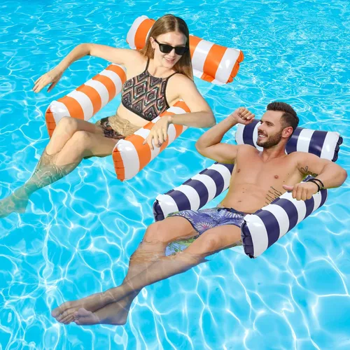 Paquete de 2 flotadores inflables para piscina 4 en 1 con hamaca de piscina con malla en la parte inferior, hamaca inflable de 3 tubos para adultos,