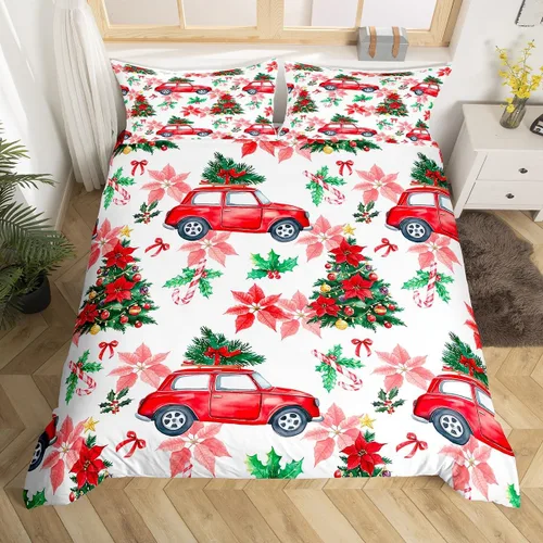 Erosebridal Juego de funda de edredón de flores de pascua, diseño de árbol de Navidad verde, tamaño individual, colorido con luces de Navidad, juego