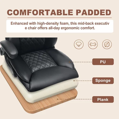 Miniatura 5 de Silla de oficina ejecutiva de piel sintética con ruedas, sillas de escritorio pequeñas giratorias de 360° con brazos acolchados, silla ergonómica