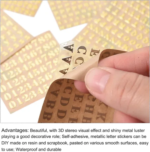 Miniatura 3 de MECCANIXITY 4 hojas de calcomanías de resina con letras pequeñas 3D de la A a la Z, color dorado, mini calcomanías del alfabeto, aleación metálica