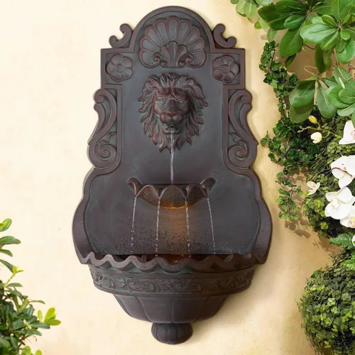 Miniatura 2 de Fuente de pared de león real de 31.5 pulgadas de alto, gran decoración rústica para interiores y exteriores, de bronce, con luz LED, estatua