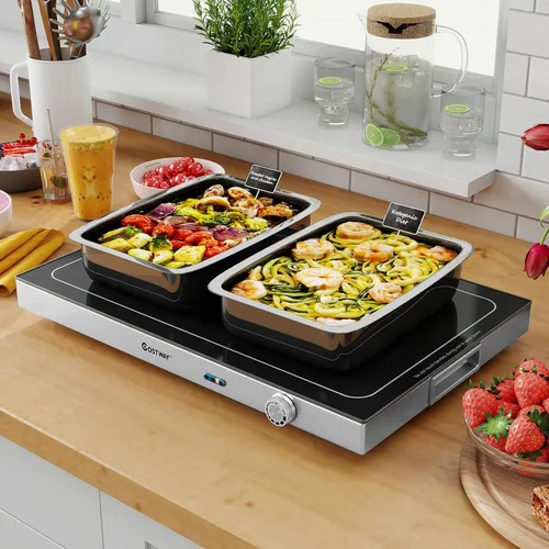 Miniatura 8 de COSTWAY Bandeja de calentamiento eléctrica con temperatura ajustable y asas integradas, calentador de alimentos con parte superior de vidrio