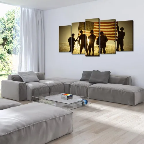 Miniatura 4 de KREATIVE ARTS - 5 paneles de silueta de soldados con bandera estadounidense, lienzo impreso de arte de pared, arte de pared vintage de las fuerzas