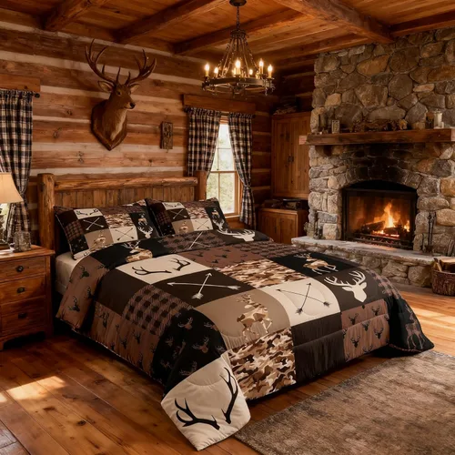 Miniatura 164 de Juego de edredón de cuernos de ciervo tamaño individual, juego de ropa de cama rústica de granja con huellas de oso y pinos para decoración