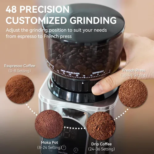 Miniatura 5 de Molinillo de café cónico eléctrico con temporizador electrónico, antiestático, molinillos de café para uso doméstico, molinillo de rebabas cónicas
