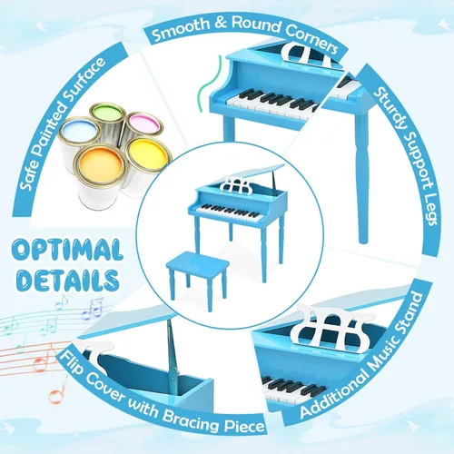Miniatura 4 de Goplus Piano de juguete clásico para niños de 30 teclas, mini piano de madera estilo grand con banco, tapa para piano, estante para música, juguete