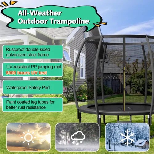 Miniatura 9 de Giantex Trampolín para niños, cama elástica grande para exteriores aprobada por ASTM con red, escalera, marco de acero galvanizado a prueba de Negro