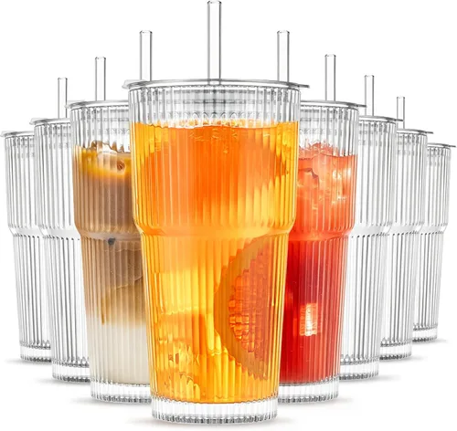 Miniatura 11 de INSETLAN Vasos de vidrio acanalado de 20 onzas con tapas y popotes de vidrio, juego de 4 piezas de cristalería, pared gruesa, ideal para café