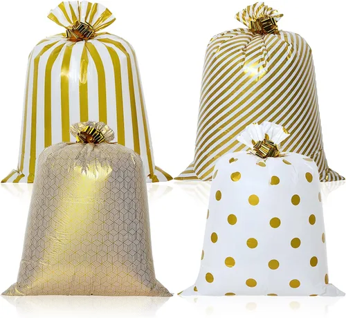 Miniatura 8 de Fulmoon 4 bolsas de regalo jumbo de 48 pulgadas, bolsas doradas extra grandes con flores de tirar, regalo gigante de plástico para regalo de Dorado