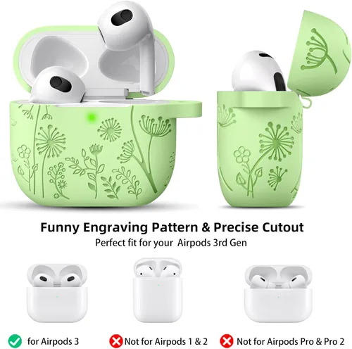 Miniatura 2 de Lerobo Funda con grabado de flores para estuche de AirPods de 3ª generación, funda de estuche con llavero, cubierta de silicona compatible con Apple