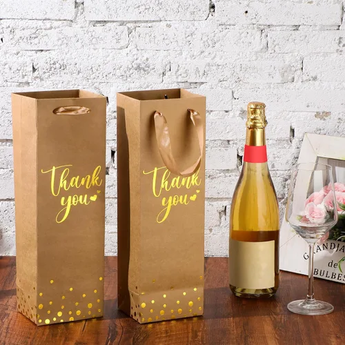 Miniatura 2 de Ctosree 30 bolsas de regalo para botellas de vino con asa de 4.3 x 3.5 x 13.7 pulgadas, bolsa de papel de licor para agradecimiento, papel de Marrón