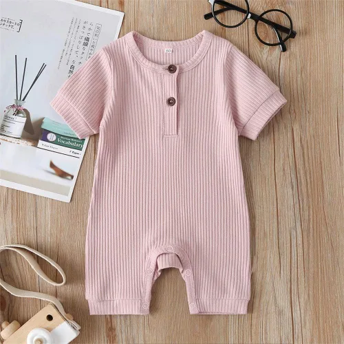 Miniatura 47 de Mameluco unisex de manga corta para bebé recién nacido, con botones, de una pieza, ropa de color sólido